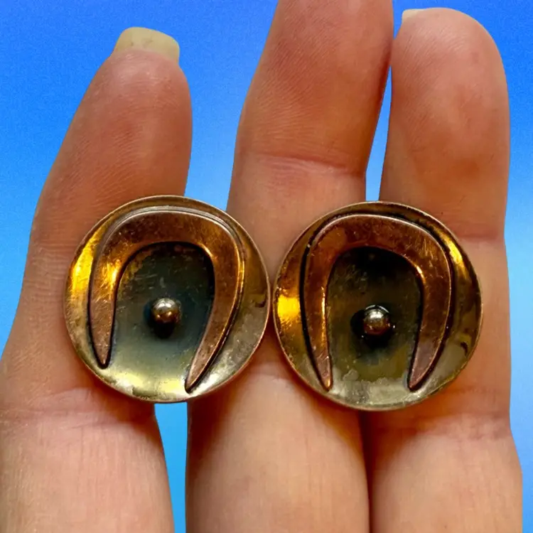 Vintage Modernist Hogan Bolas Brass & Copper Screw Back Earrings, 1”