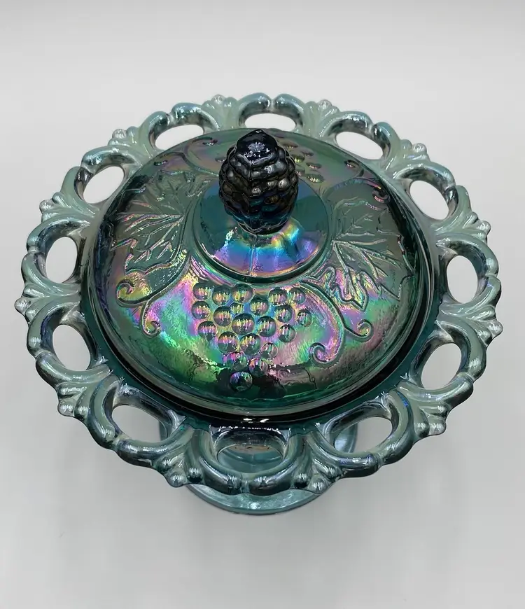 Vintage Colony (Indiana Glass) Harvest Carnival Blue Candy Dish w/Lid, Open Lace