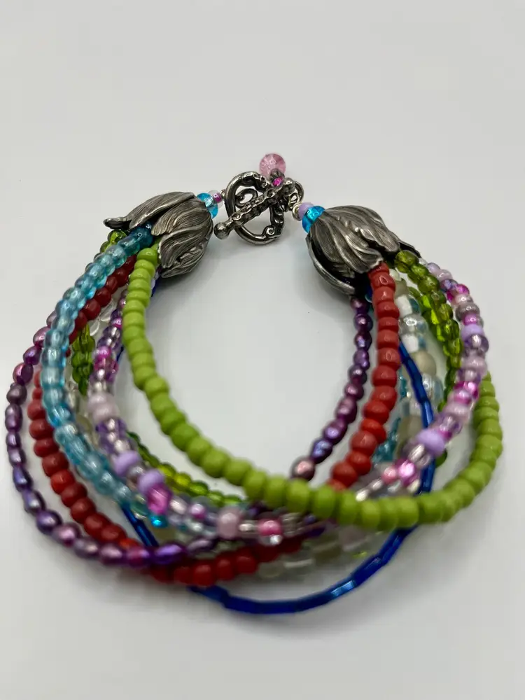 Vintage Boho Chunky Multi Strand Beaded Bracelet Cabbage Rose Ends Colorful 3”
