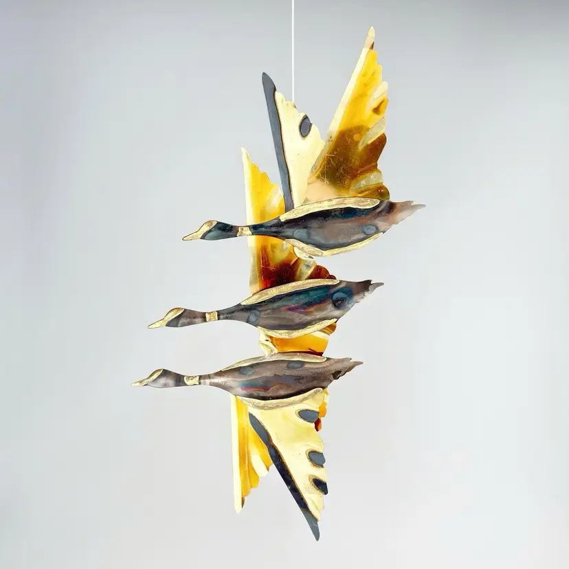 MCM Welded Brass Flying Geese Ducks Birds Metal Hanging Wall Art Mid Century Vtg