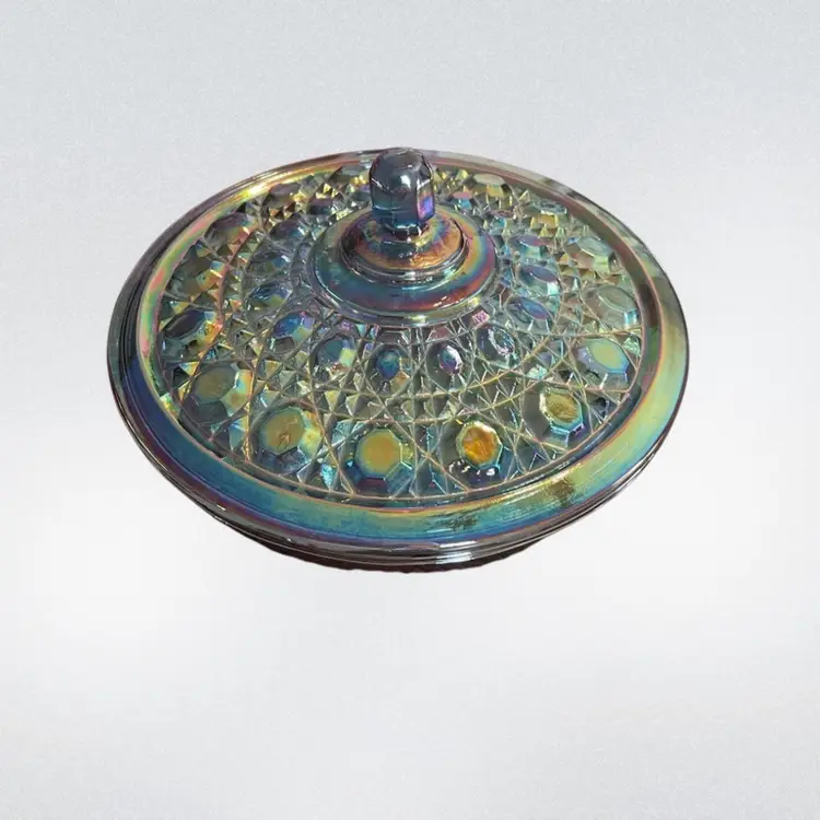 Vintage Indiana Carnival Glass Iridescent Blue Candy Dish w/ Lid Windsor Pattern