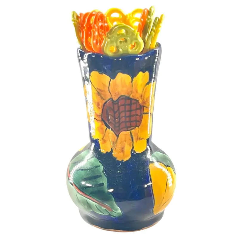 Talavera Vase Folk Art Pottery Sunflower On Navy Blue Signed Mexico