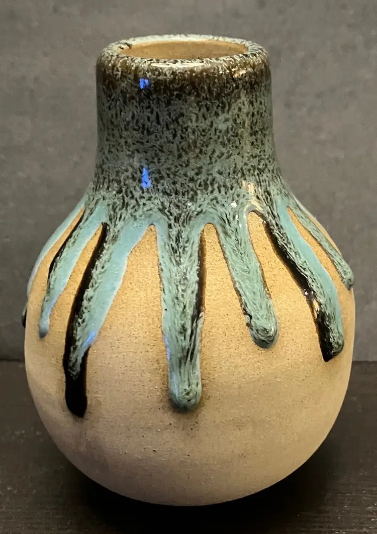 VTG Pottery Small Bud Vase Blue-Green Drip Glaze  Beige Matte Finish