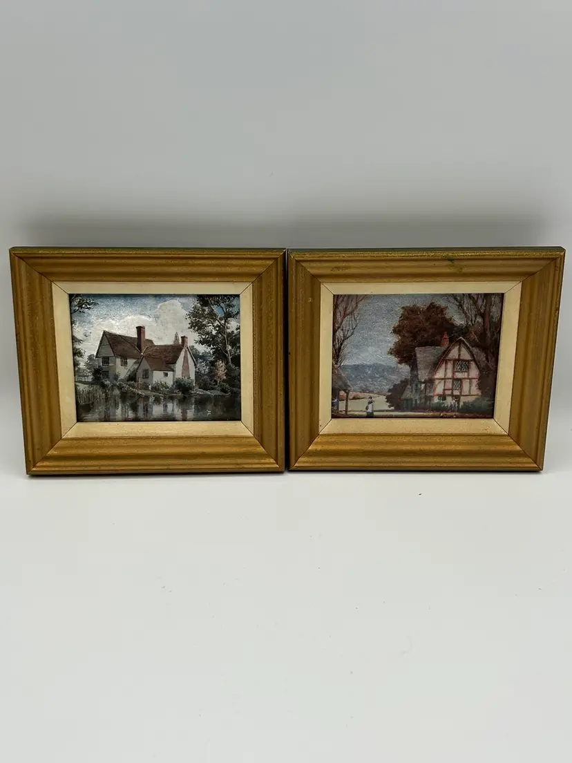 Vintage Franklin Picture Foil Lithographs Country Side Pair Gold Wood Frames 7x6