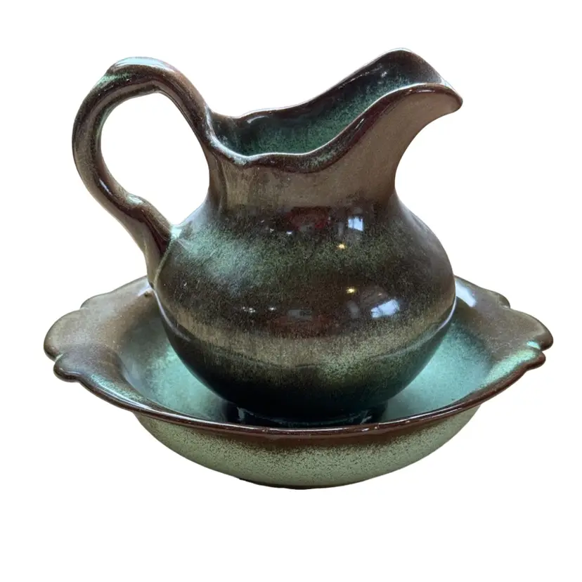 Vintage Frankoma Plainsman Prairie Green 8oz Small Pitcher & Bowl Set #40A/B