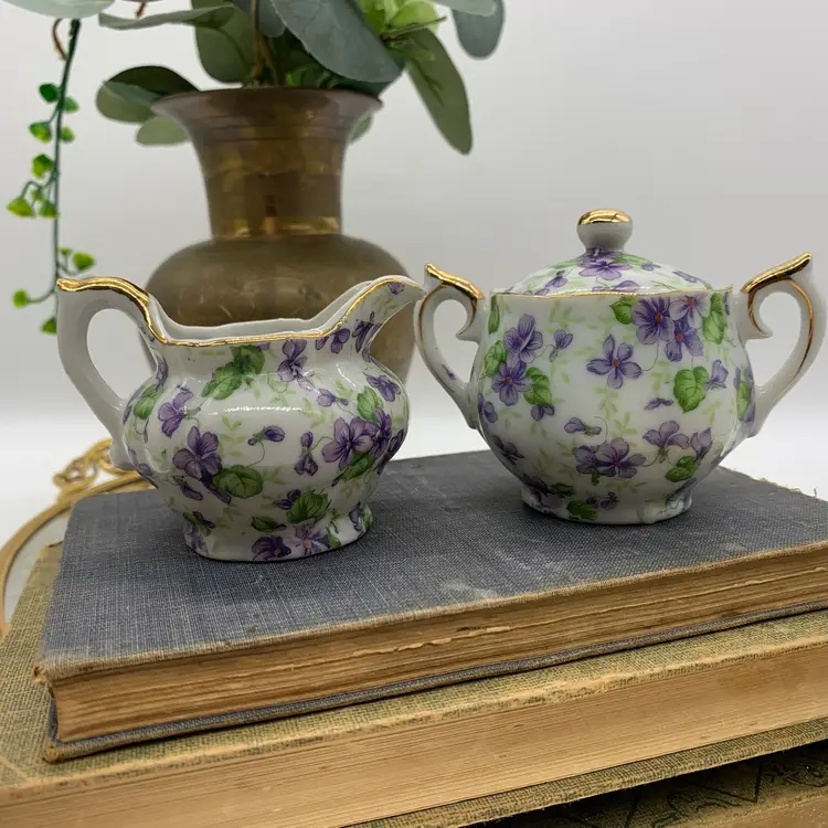 Vintage Lefton China Violet Chintz Cream & Covered Sugar Made in Japan w Label