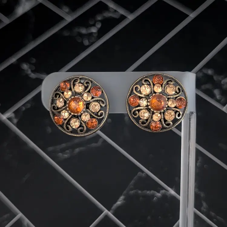 Vintage Clip On Earrings - Dark Bronze Tone with Shades of Orange Gems 7/8"
