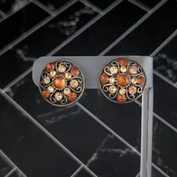 Vintage Clip On Earrings - Dark Bronze Tone with Shades of Orange Gems 7/8"