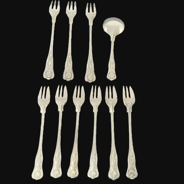 Antique US Navy Kings Pattern Cocktail Forks & Soup Spoon 10 Pc Set Silver Plate Flatware Fouled Anchor