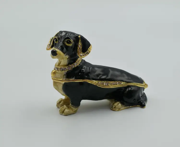 Dachshund Dog Jeweled Hinged Enameled Trinket Box