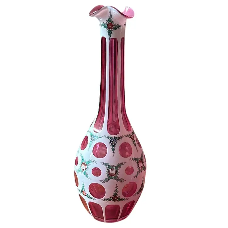 ANTIQUE (early 1900s) Bohemian Czech White Cut To Cranberry Glass Painted Floral Heavy Vase Ruffled