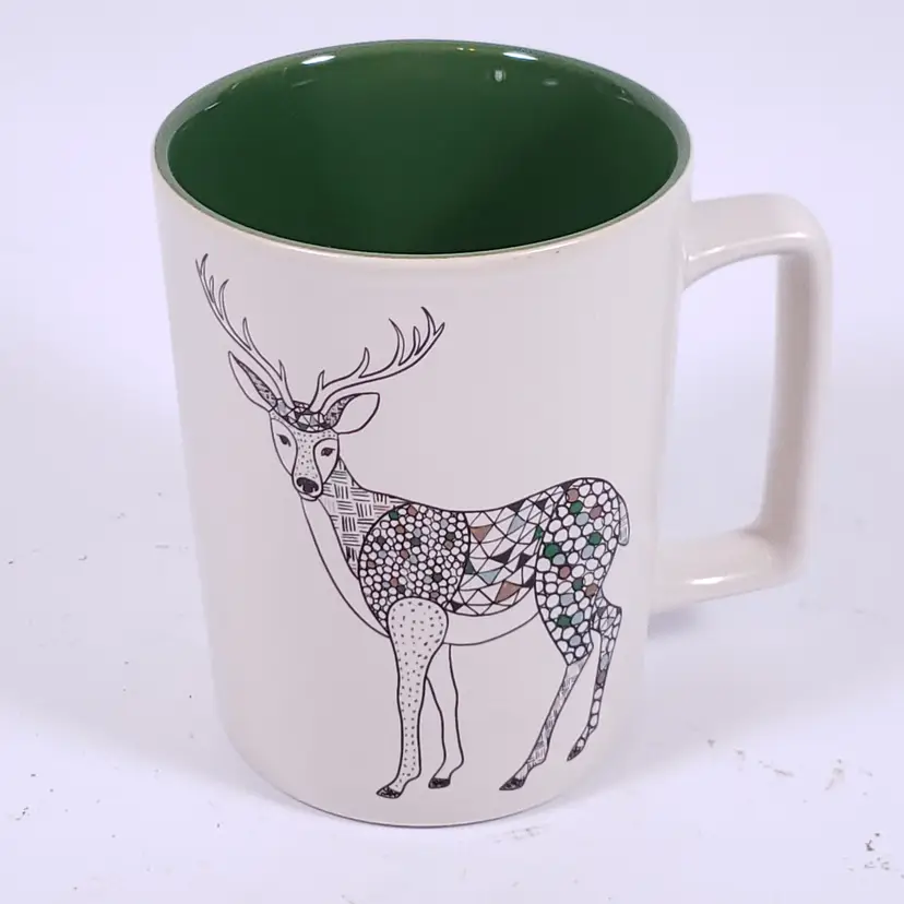STARBUCKS 2017 Deer Buck Mosaic Geometric Gold Green CERAMIC MUG