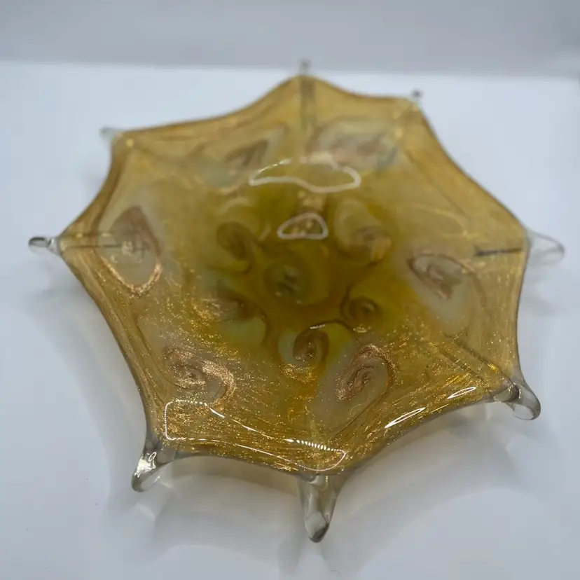 11.5” Vintage Fratelli Toso Murano Glass Starry Night Aventurine Orange Gold  Cased Decorative Bowl Dish