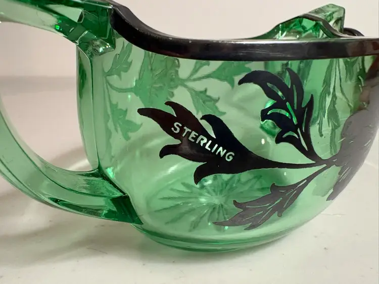 Green Depression Glass with Sterling Silver Overlay Creamer and Sugar Bowl