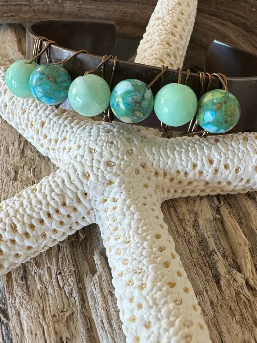 #15 Turquoise Aventurine Inspired Beads Of Howlite Wire Wrapped To 1/2” Bronze Brass Cuff Bracelet
