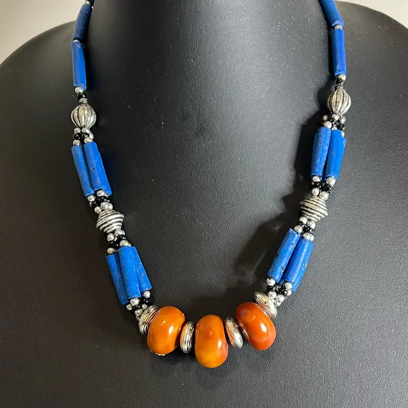 Vintage Carved Lapis Lazuli Tube Beads Silvertone Beads & Spacer Beads