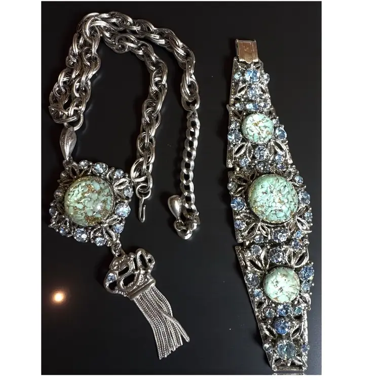 Very Rare MCM Vintage Selro Selini Lucite Confetti Cabochon Rhinestone Panel Link Bracelet 6.5” & Chunky Chain Necklace 15-18” with Dragon Fringe Pendant - ca. 1950 - 60s