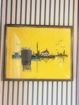 Vintage Embroidered Crewel “Seagulls In The Harbor” Framed Wall Hanging