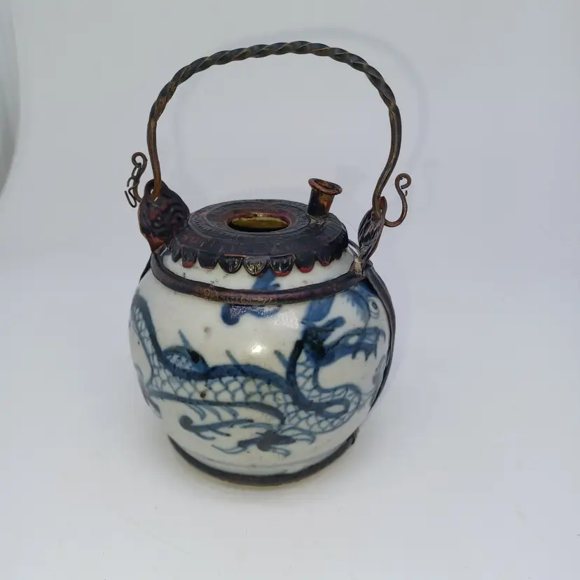Antique 19th Century Blue And White Porcelain Opium Pot Metal Encased