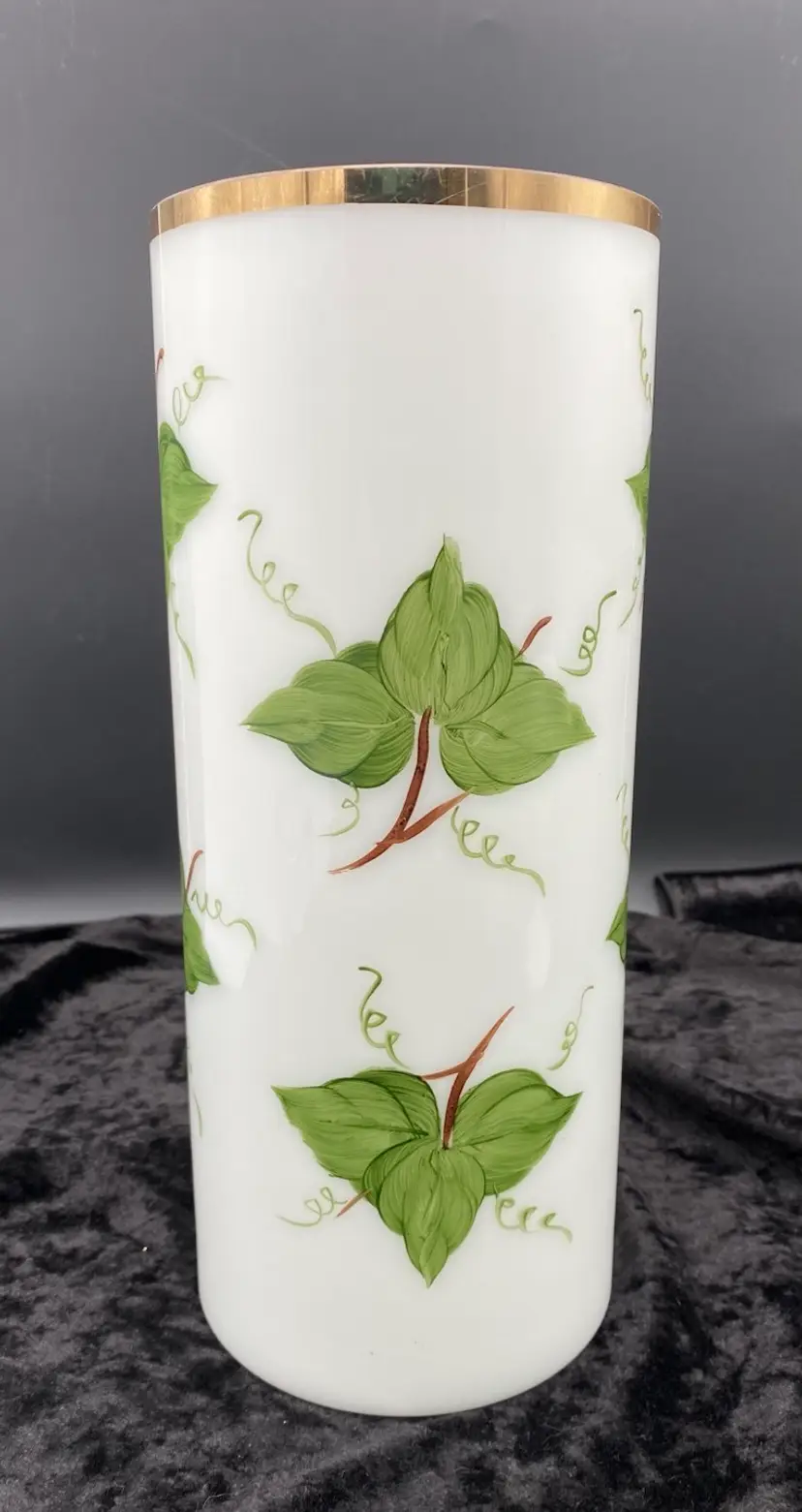 Vtg. MCM Consolidated Glass Co. Milk Glass Vase, Hand-Painted Ivy, Org. Sticker, 12"