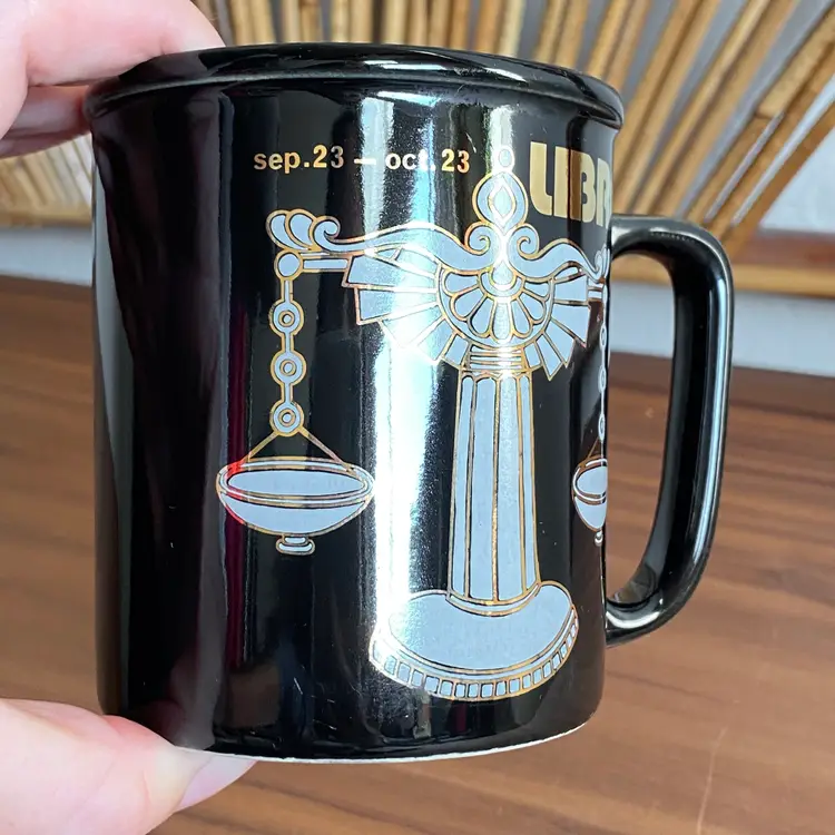 Vintage Libra Zodiac Mug Black White and Gold Scales Ceramic