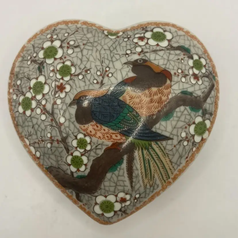 Satsuki Heart Shaped Trinket Box, 3”, Japan, Birds