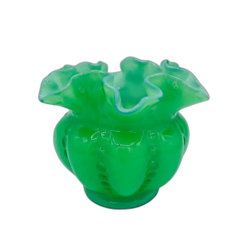 Vintage FENTON Beaded Melon Lime Green Vase Cased Glass Ruffled Edge Top