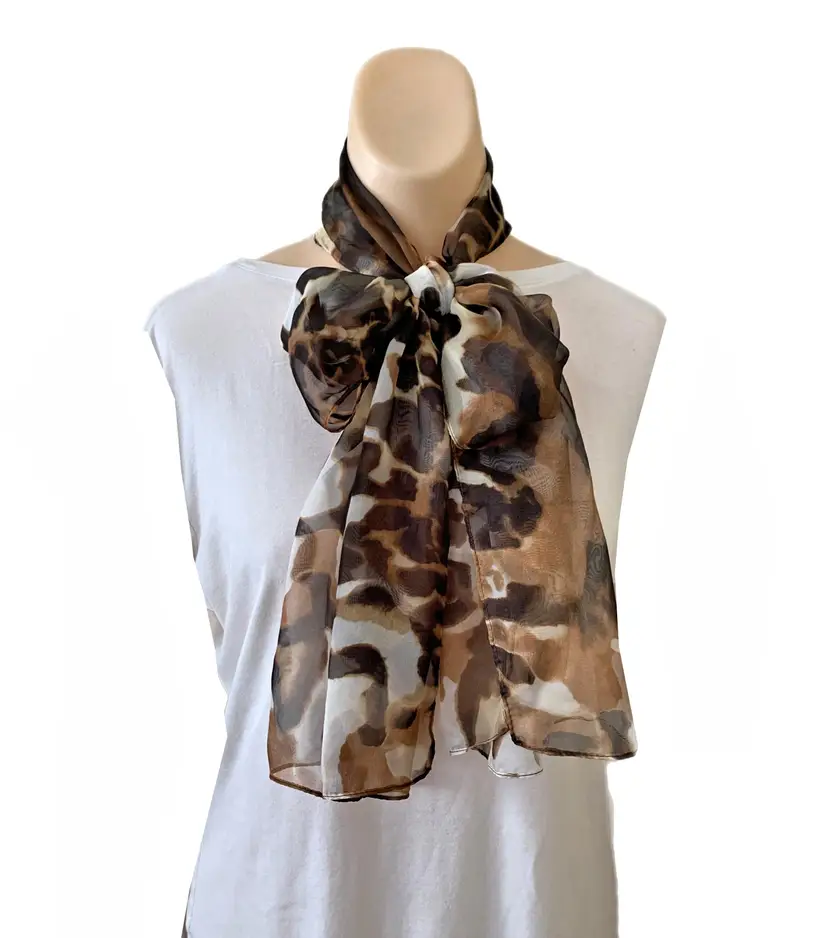 Semi Sheer Animal Print Scarf Black Brown Abstract Whimsy Chiffon Vintage