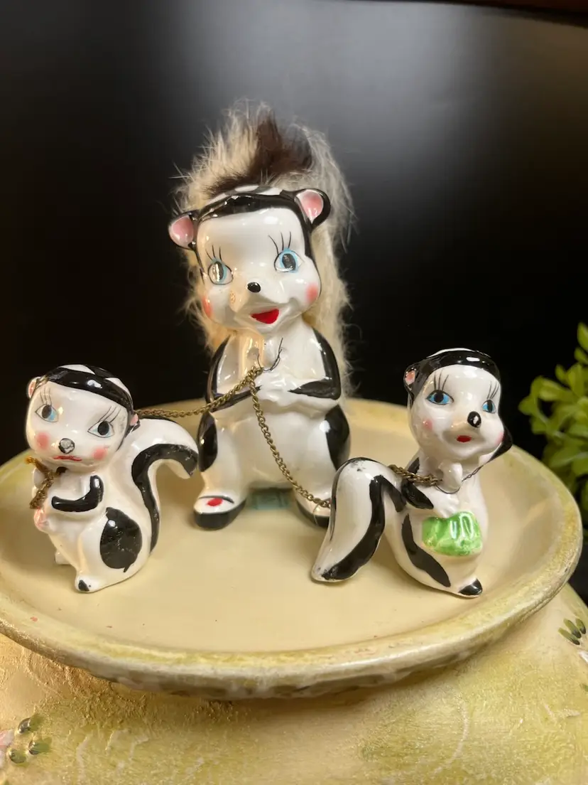 1950s Anthropomorphic Skunk Family-Mom Features a Furry Tail, 2 Baby Skunks