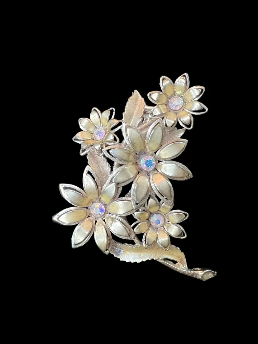 VINTAGE CORO AB Rhinestones Flower Bouquet Pin Brooch Gold Tone Signed #A-2