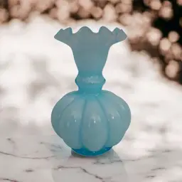 Fenton Blue Overlay Melon Vase • Ruffled Top Bud Vase • Vintage Opaline Art Glass • 4.5" Cottagecore Vanity Decor • Collectible Fenton Glass