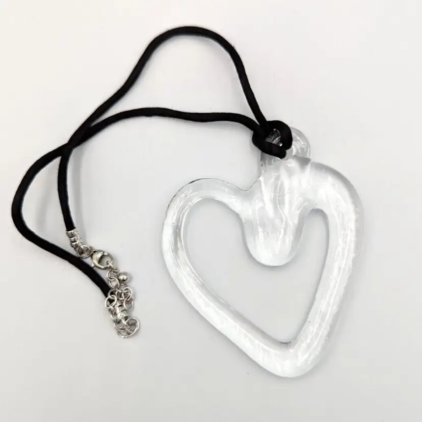 Open Heart Clear Art Glass Statement Pendant On Silk Cord 925 Sterling Clasp