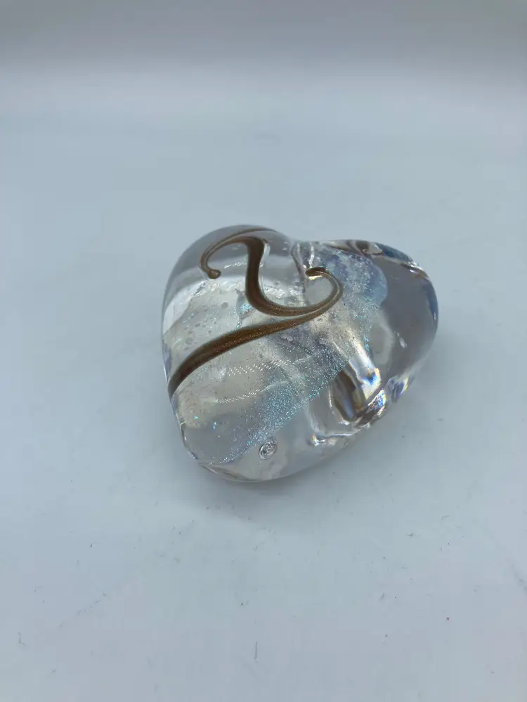 Blue Iridescent and Gold Robert Held Art Glass Heart Paperweight