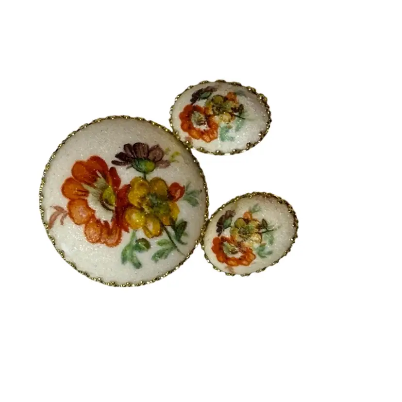 Germany Stamped Sugarstone Floral Goldtone Brooch & Clip-on Earrings Set - 1.25” Brooch