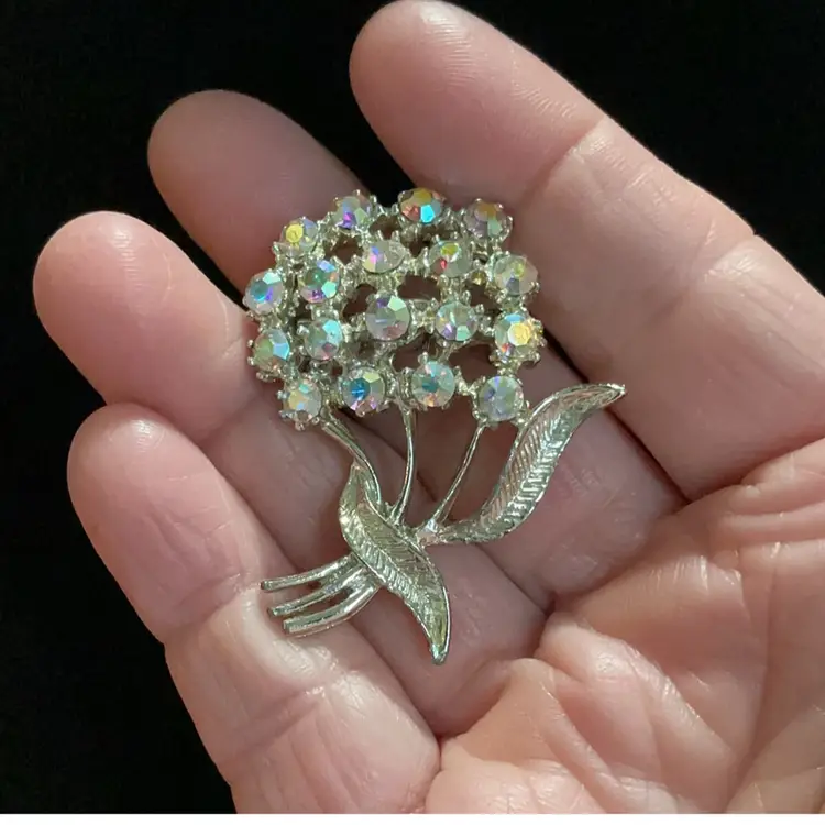 Vintage Silvertone Floral Bouquet Brooch With AB Glass Rhinestones.