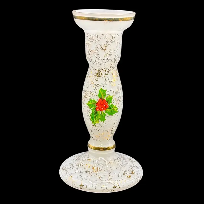 Single Cased White Glass w/ Gold Fleck & Holly Candle Holder 6.25”