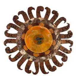 OOAK Sun Motif Wall Hanging With Five Layers Including Polished Stone, Wood Rounds, Epoxy Center With Fused Glass Bird 19” Round X 2” Tall