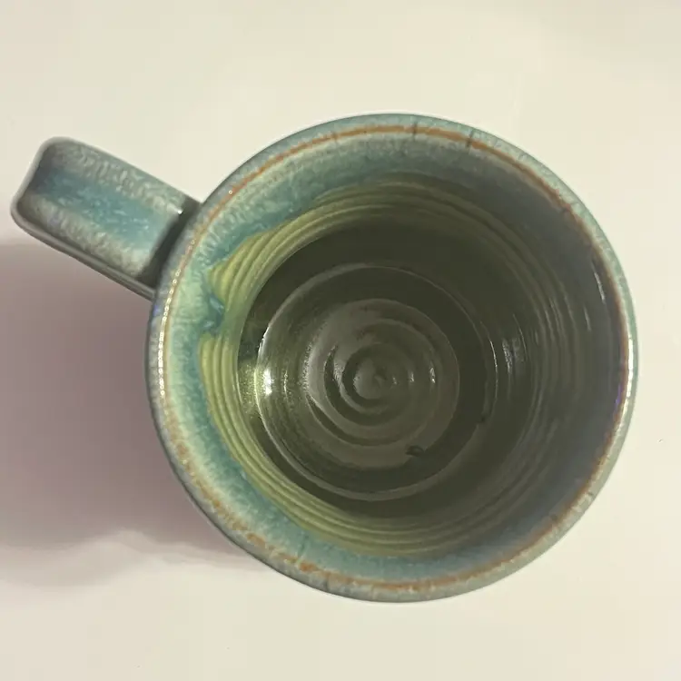 MUDWORKS Studio Pottery DRAGONFLY Mug Cup Collectible Blue Green Drip Glaze USA