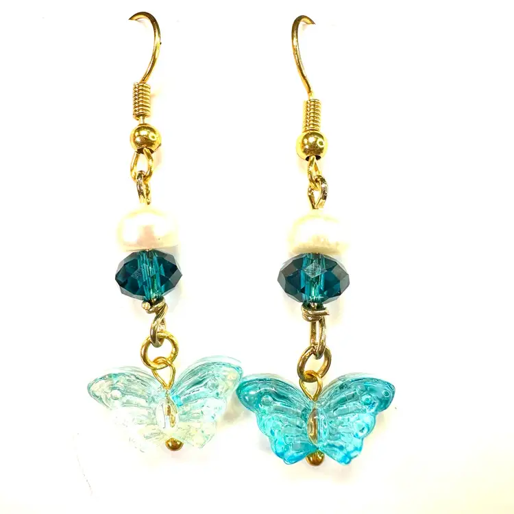 Butterfly Blue Glass Charm Glass Accent Beads Gold Tone Handmade Dangle Earrings 1.75”L Made By Me