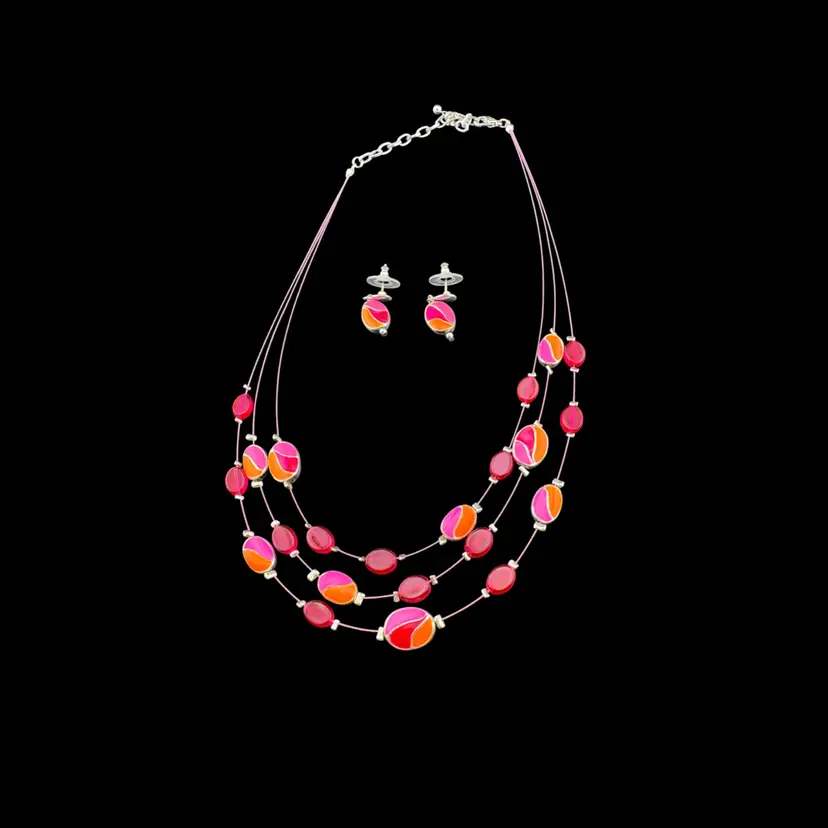 Matching Orange & Pink Enamel & Glass Earring And Necklace Set