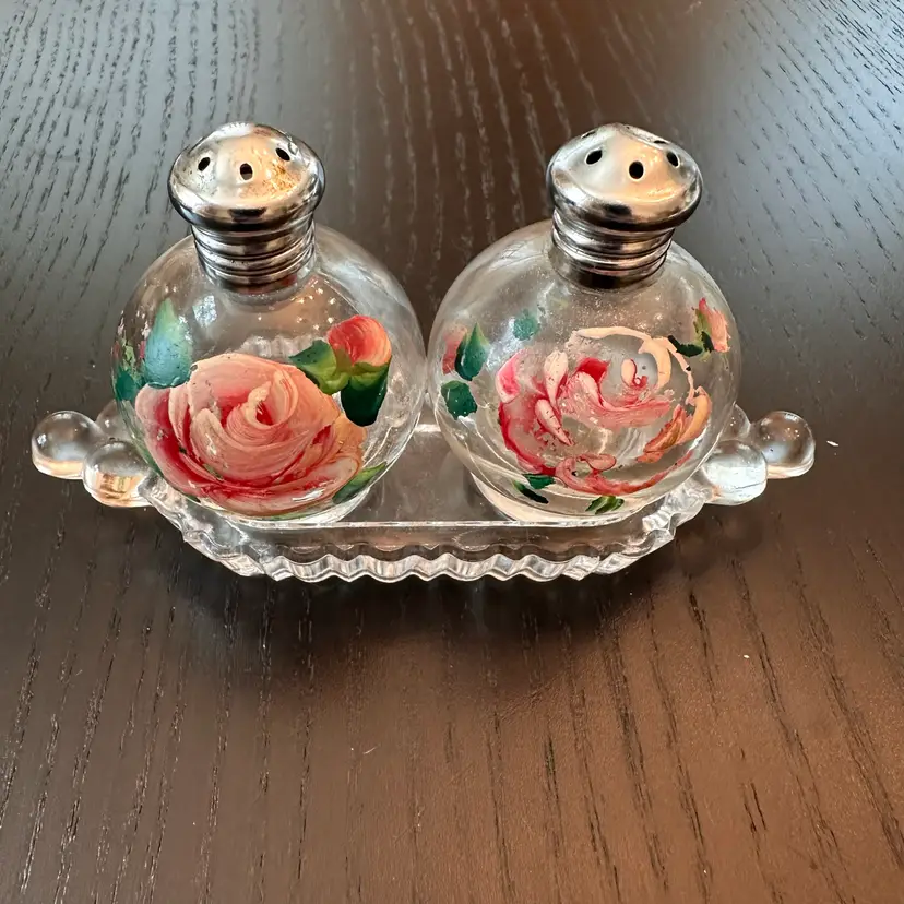 Vintage Hand-Painted Glass Salt and Pepper Shakers with Tray Set