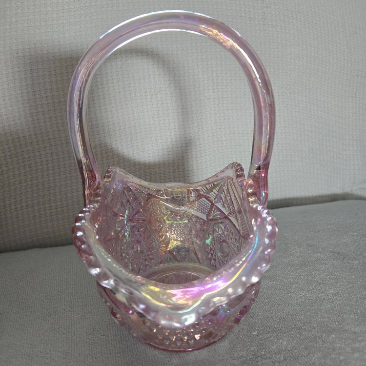 L.E. Smith Pink Iridescent Carnival Glass Basket With Handle