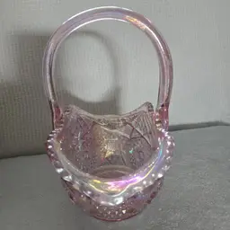 L.E. Smith Pink Iridescent Carnival Glass Basket With Handle