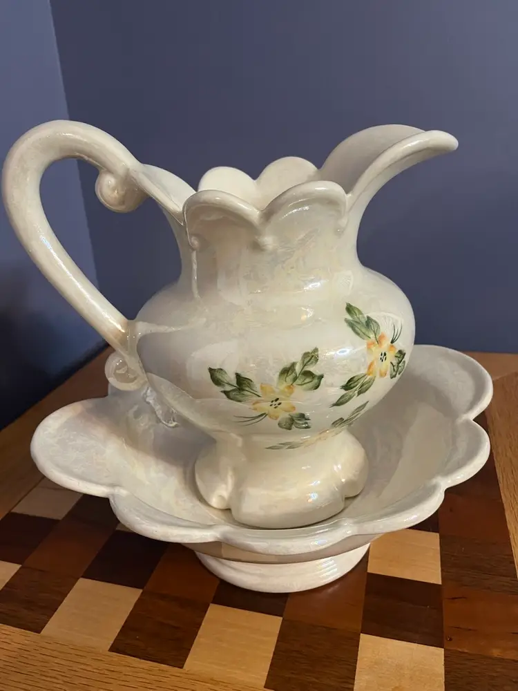 Vintage Ceramic Pitcher and Basin Bowl Ivory Multicolor Floral Scalloped
