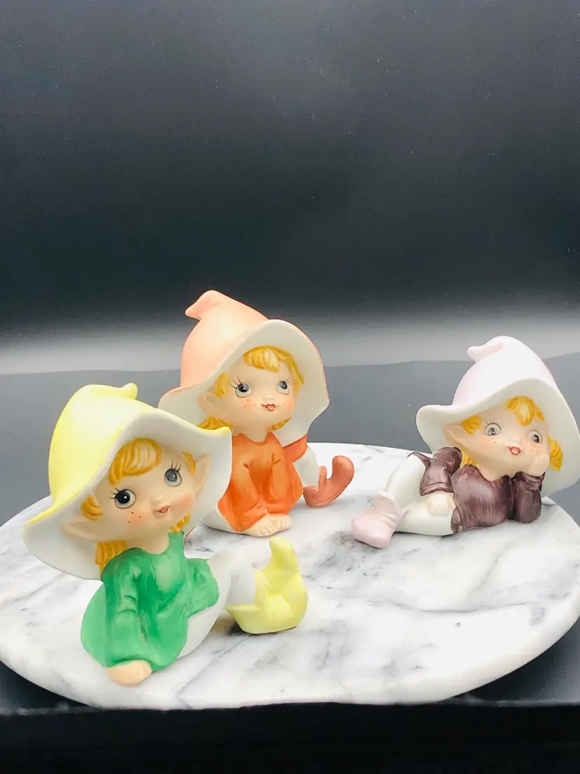 VINTAGE HOMCO PIXIE ELVES HAND PAINTED BISQUE FIGURINES #5213 SET OF 3