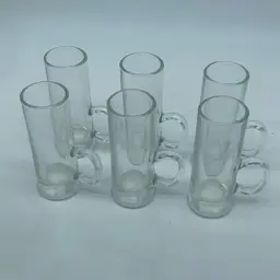 #0818 Set of six French glass shot glasses with loop handles, marked "France 12".