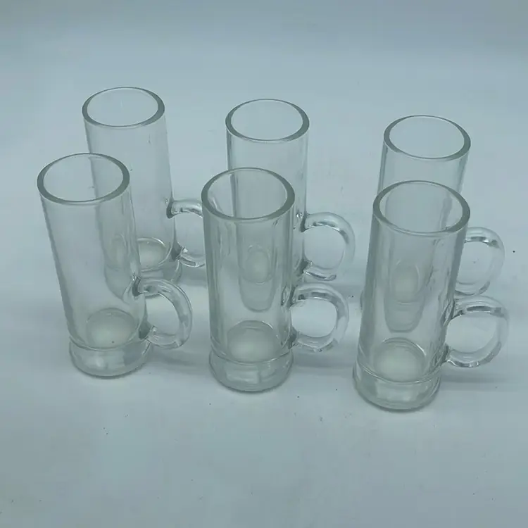 #0818 Set of six French glass shot glasses with loop handles, marked "France 12".