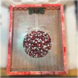 Up Cycled By Me- 15”x11”x2” Red, Gray , White Christmas Ornament Made From Beads & Faux Pearls Assembled On A Mosaic Tray Made In India