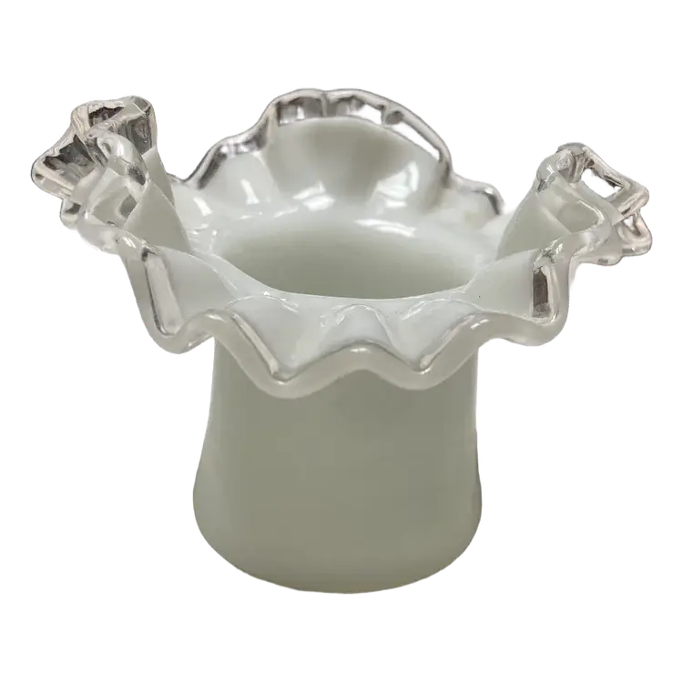 Vintage Fenton Silver Crest Milk Glass Top Hat Vase w/ Ruffled Clear Glass Rim, 3.5" Tall