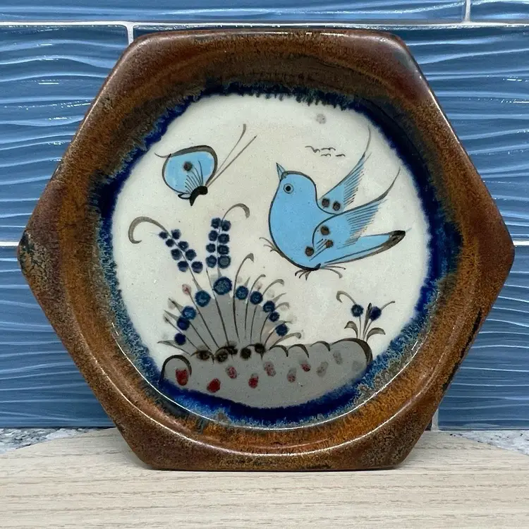 Vtg Ken Edwards Vintage Tonala Hexagon Pottery Decorative Plate 1970s Bird